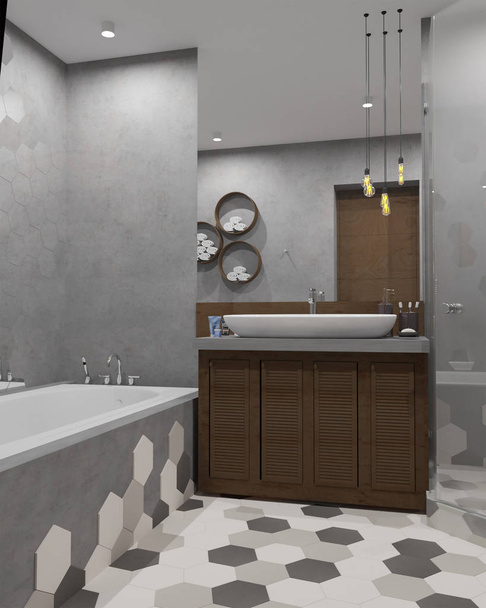 Uusi parvi betoni harmaa kylpyhuone sisustus
 - Valokuva, kuva