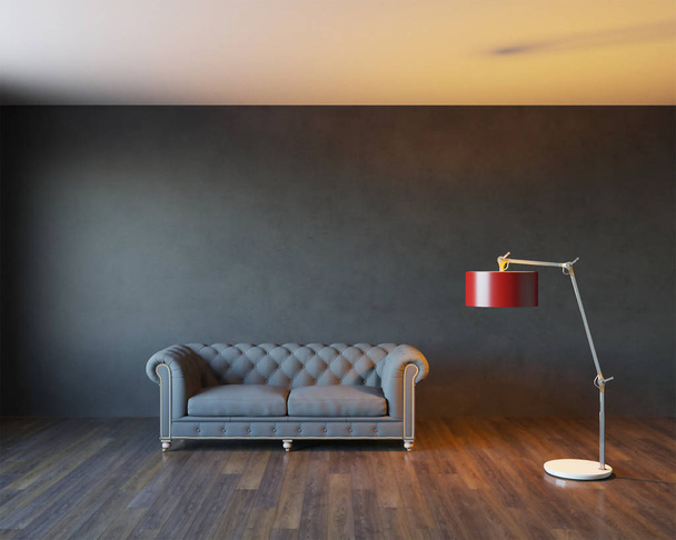 3D-weergave van de minimalistische interieur loft met zwarte Bank en r - Foto, afbeelding