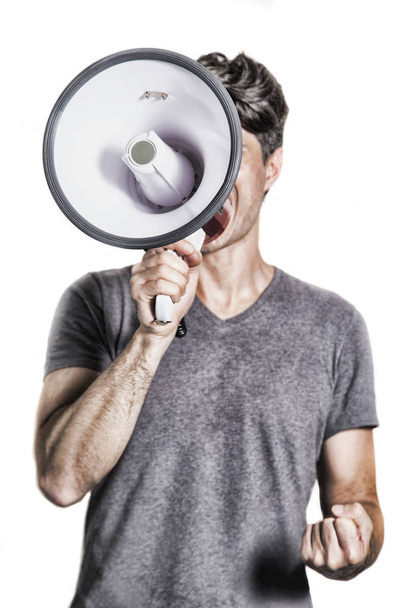 jeune homme tenant un mégaphone en signe de protestation
 - Photo, image