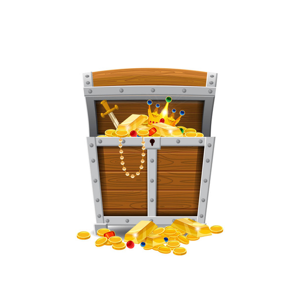 Wooden old pirate chests, full of treasures, gold coins, treasures, vector, cartoon style, illustration, isolated. For games, advertising applications - Vector, Image