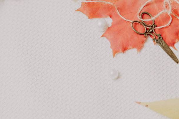 Autumn still life with elegant scissors. Red maple leaf and scissors lie on a white canvas. Nearby there are two bead - 写真・画像