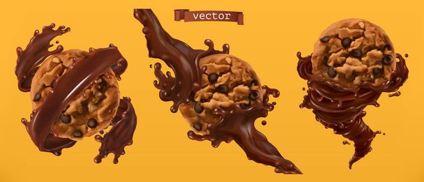 Cookies and chocolate splashes. 3d realistic vector - Vector, afbeelding