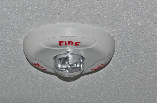 Um alarme de incêndio cinza circular com estroboscópio ligado a um teto de escritório
. - Foto, Imagem