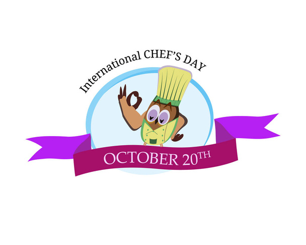 International chef day greeting card. Vector funny cartoon chef owl with hat on isolated background. - Vector, Image