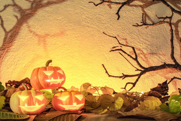 Halloween pumpkin head or Jack o Lanterns glowing in the spooky background with dead tree branch - Photo, Image