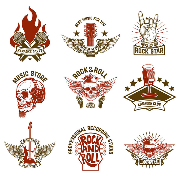 Set von Vintage-Musik-Emblemen. Gestaltungselement für Logo, Etikett, Schild, Plakat, T-Shirt. Vektorillustration - Vektor, Bild