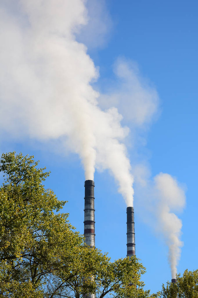 Sigara bacaları mavi gökyüzü. Çevre kirliliği, ekolojik sorunları. - Fotoğraf, Görsel