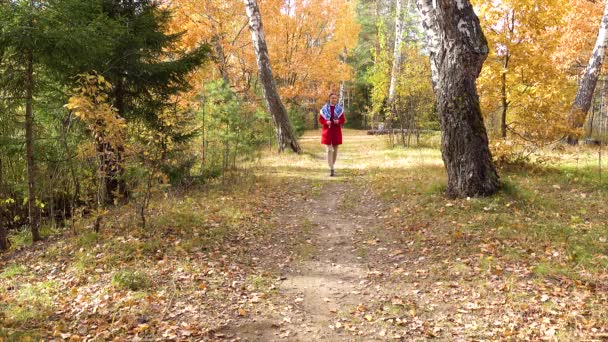 Dziewczyna, spacery po lesie jesienią - Materiał filmowy, wideo