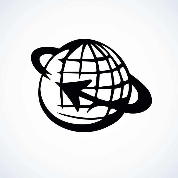 Glob Orb auf weißem Hintergrund. Emblem Logo Konzept. freihändige lineare schwarze Tinte handgezeichnetes Bild skizzenhaft im Retro-Kritzelstil mit Platz für Text - Vektor, Bild