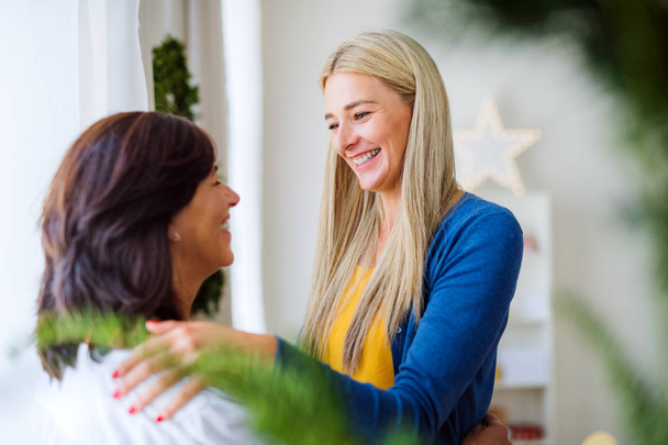 Senior woman with adult daughter at home at Christmas time, looking at each other. - Photo, image