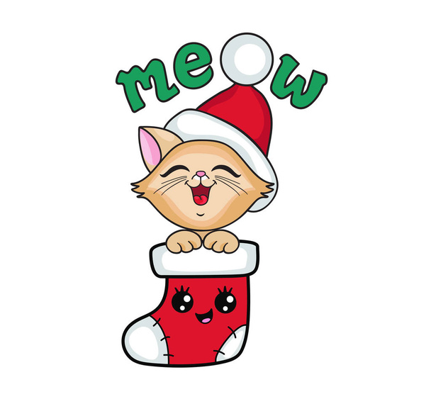 Bir Noel çorap de sevimli kedi. İlk Noel'im. Beyaz arka plan üzerinde izole vektör çizim. - Vektör, Görsel