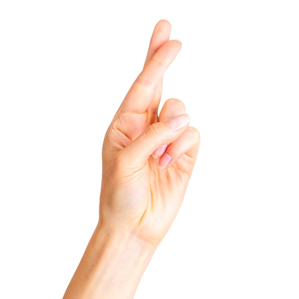 Woman hand with crossed fingers, gesture of good luck symbol - Φωτογραφία, εικόνα