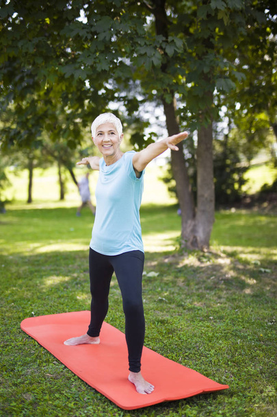 Mulher sênior fazendo exercício no parque verde no dia de verão
 - Foto, Imagem