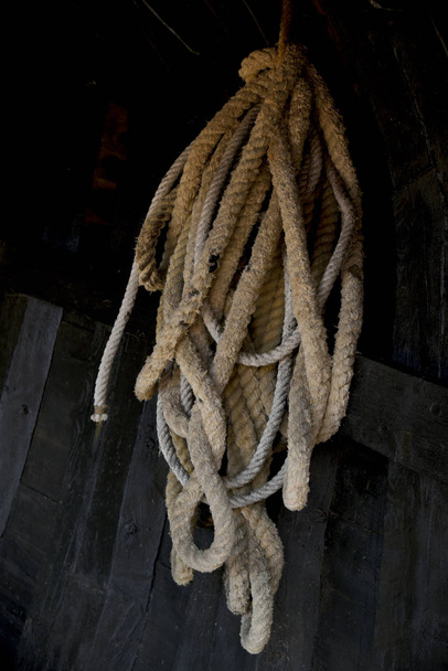 old boat rigging with ropes - 写真・画像