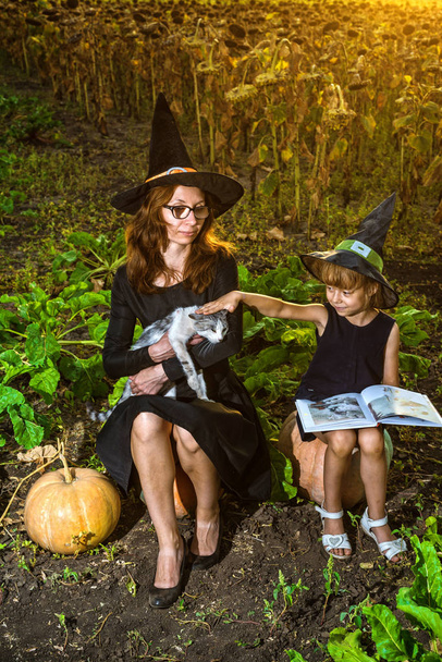 Äiti ja tytär noidan puvuissa istuvat kurpitsoilla ja lukevat kirjaa, halloweenin käsitettä. Perhe valmistautuu Halloween-jouluun. Halloween tausta, vapaa tila
. - Valokuva, kuva