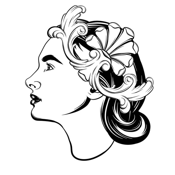 Vector hand drawn illustration of pretty girl. Creative realistic tattoo artwork. Template for card, poster, banner, print for t-shirt, pin, badge, patch. - Вектор, зображення