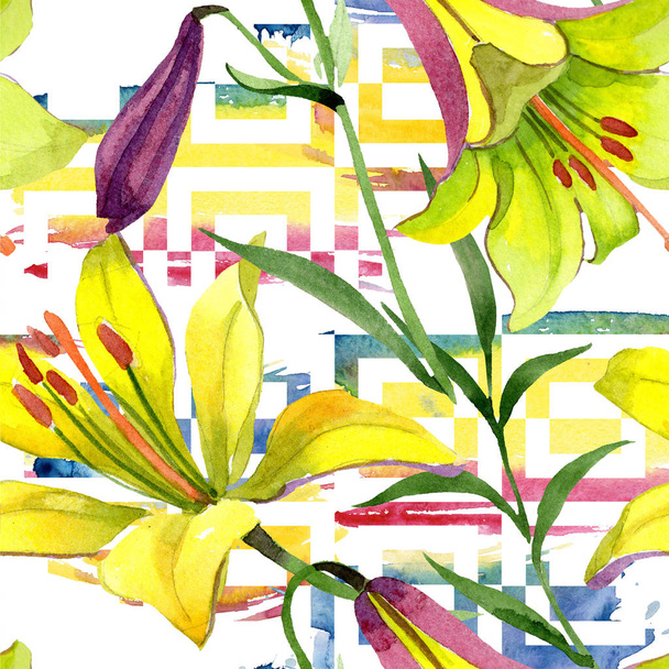 Watercolor yellow lily flower. Floral botanical flower. Seamless background pattern. Fabric wallpaper print texture. Aquarelle wildflower for background, texture, wrapper pattern, frame or border. - Photo, Image