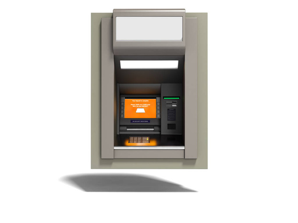 moderner Geldautomat mit orangefarbenem Bildschirm 3D-Rendering auf weißem Hintergrund mit Schatten - Foto, Bild