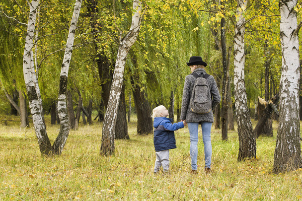 Mutter und Sohn spazieren im herbstlichen Wald. Blick von hinten - Foto, Bild