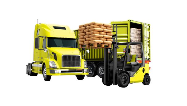 Сучасна концепція розвантаження вантажів з жовтого з вантажівки з причепом з будівельними матеріалами та апельсиновим навантажувачем з піддоном ізольовані 3d візуалізації на білому тлі без тіні
 - Фото, зображення