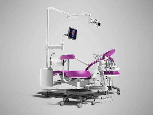 Moderna sedia dentale viola con borace con illuminazione e monitor per il lavoro rendering 3d su sfondo grigio con ombra
 - Foto, immagini