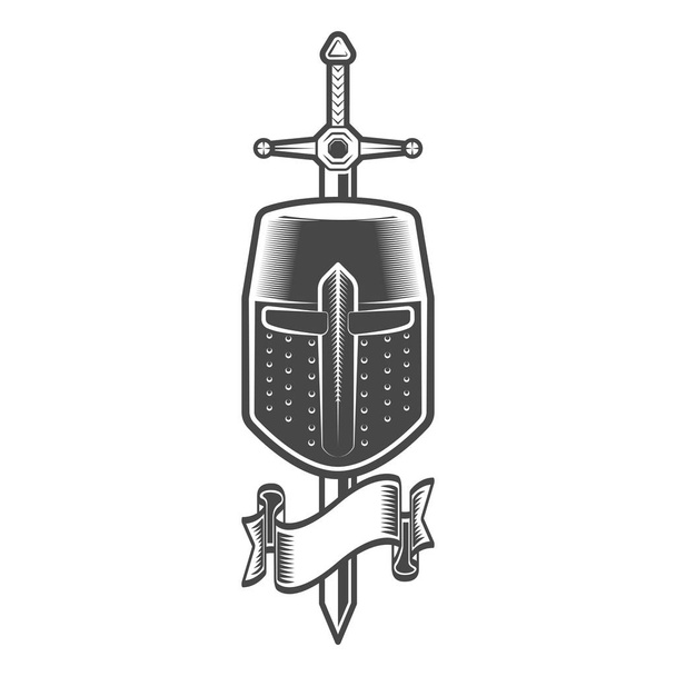 Epée et casque d'un chevalier croisé médiéval avec ruban en illustration vectorielle isolée de style monochrome
 - Vecteur, image