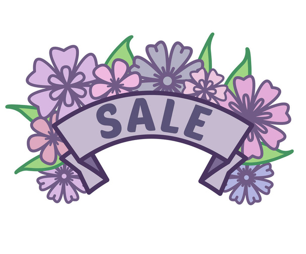Spring sale sign on ribbon with purple flowers and green leaves without background, discount footer and banner - Vector, Image