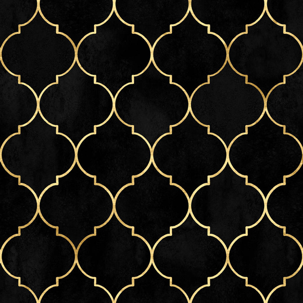 Black watercolor moroccan vintage decorative velvet seamless pattern with gold line. Watercolor hand drawn luxury background. Watercolour geometrical oriental elements texture. Print for textile. - Fotó, kép