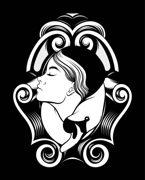 Векторна рука намальована ілюстрація дівчини з бароковою рамкою ізольована. Креативне мистецтво татуювання. Шаблон картки, плаката, банер, друк футболки, шпилька, значок, патч
. - Вектор, зображення