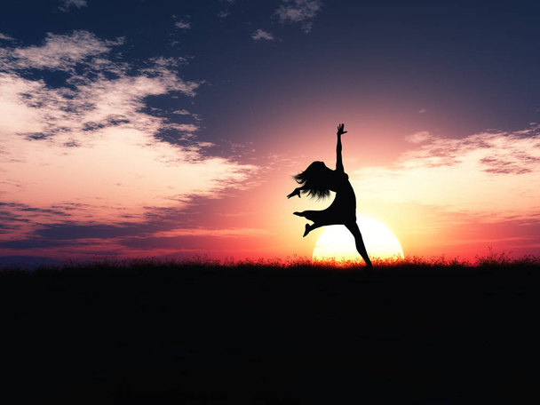 3D render of a female jumping in joy against a sunset landscape - Foto, immagini