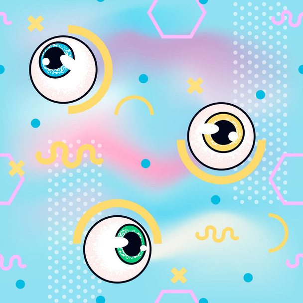 memphis pattern with eyeball. fashin samless pattern. glitch style  - Vector, Image