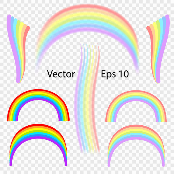 Rainbow on transparent background. Different shapes and effects of the rainbow in the form of an arch in a delicate color palette. Vector illustration of a summer symbol. Eps 10. - Вектор, зображення