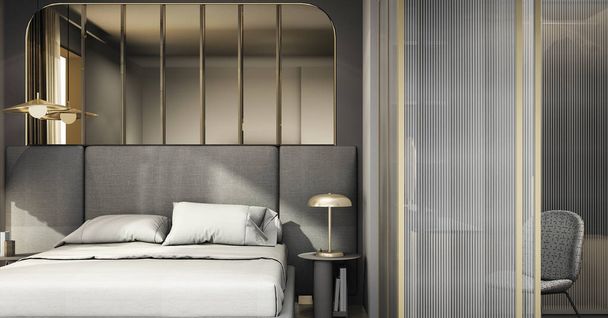 3D-Rendering Luxus moderne Schlafzimmer-Suite-tv mit Kleiderschrank und begehbarem Kleiderschrank - Foto, Bild