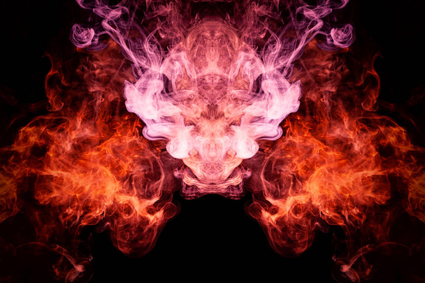 Fantasy print for clothes: t-shirts, sweatshirts. Red cloud of smoke in the form of a monster  of  black isolated background. Background from the smoke of vape. - Photo, Image