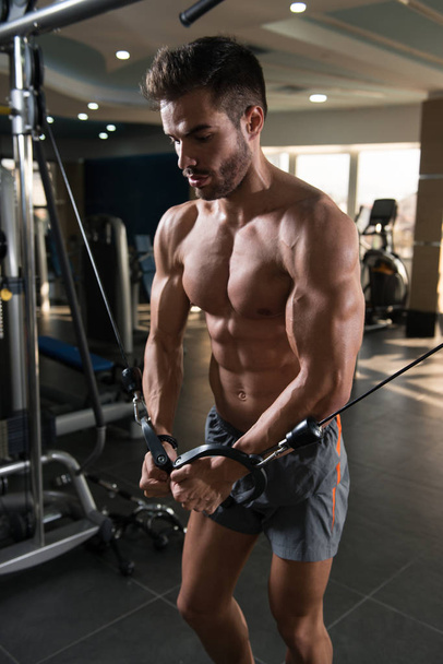 Muscular Man Doing Heavy Weight Exercise For Chest On Machine With Cable In The Gym - 写真・画像