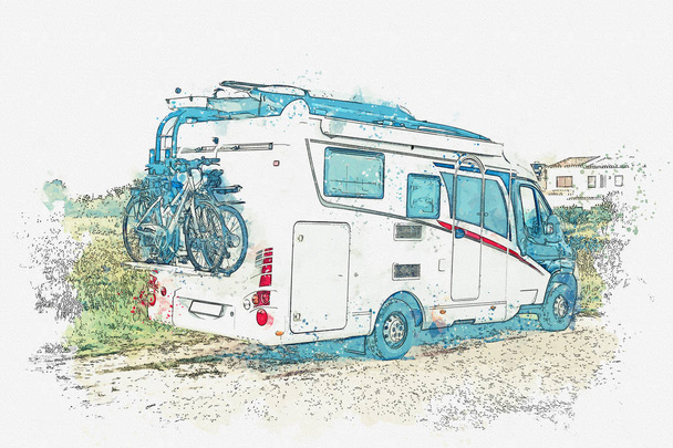 A watercolor sketch or an illustration. Road trip or traveling by car. - Photo, Image