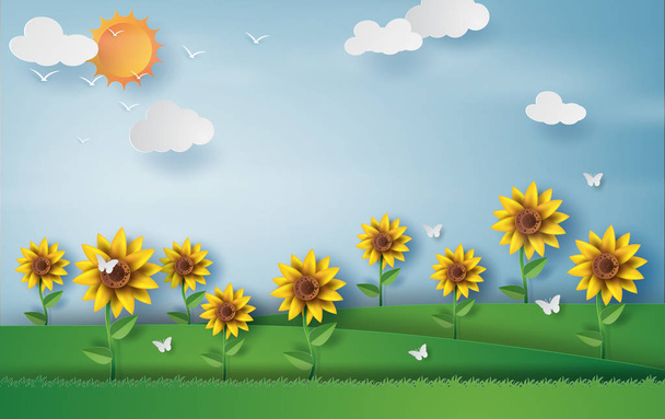Paper art style of sunflower with landscape summer season blue sky background.vector - Wektor, obraz