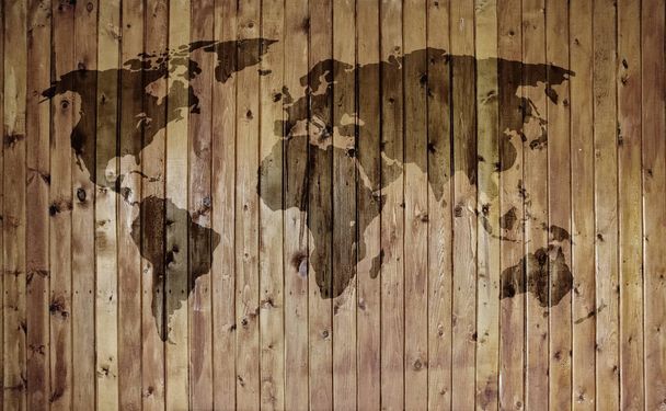 world map on old wooden wall - 写真・画像
