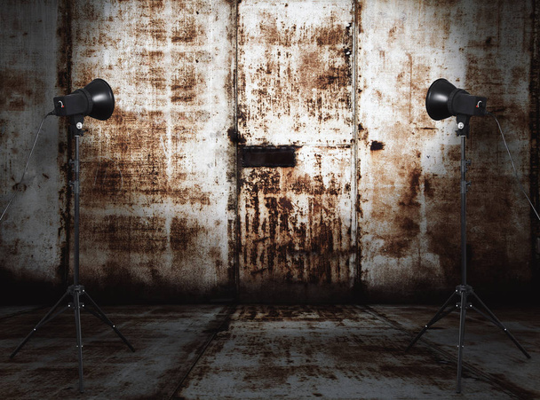 studio photo dans une ancienne salle de grunge avec mur métallique, fond urbain
 - Photo, image