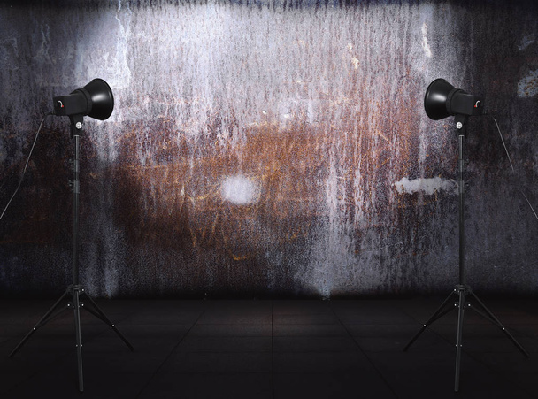 fotostudio in oude grunge kamer met metalen wand, stedelijke achtergrond - Foto, afbeelding