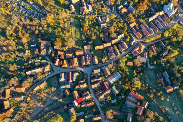 Aerial drone image of a village in Transylvania, Romania - 写真・画像
