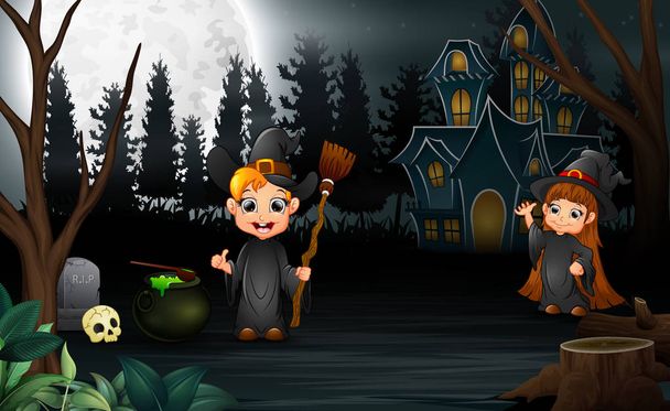 Cartoon witch celebration of halloween in the night background - Vector, Image