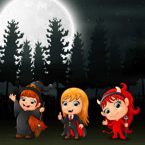 Boldog gyerekek visel halloween jelmez a kertben éjjel - Vektor, kép