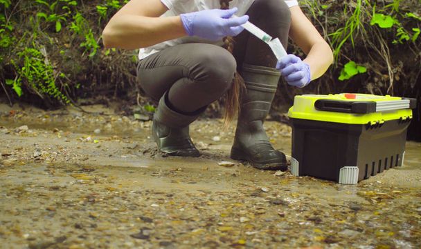 Γυναίκα επιστήμονας περιβαλλοντολόγος κάθεται κοντά στο creek. She λαμβάνοντας δείγμα νερού και ρίχνει στο δοκιμαστικό σωλήνα. - Φωτογραφία, εικόνα