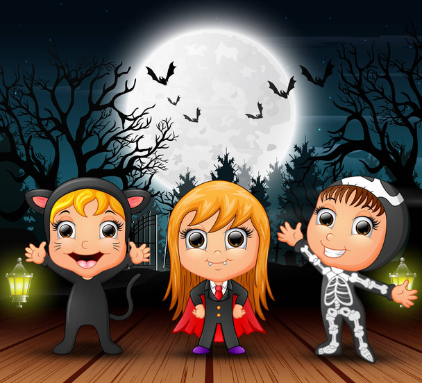 Happy kids wearing a halloween costume at night - Vector, Image