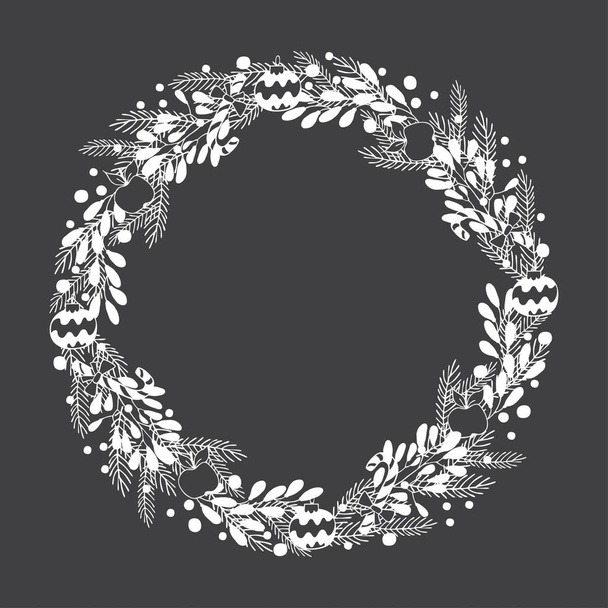 Corona de vacaciones de invierno dibujada a mano sobre fondo negro. Una plantilla de diseño de tarjetas de felicitación, invitación de Navidad y banner
 - Vector, Imagen