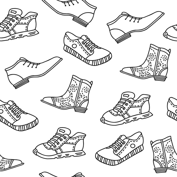 Naadloze patroon met hand getrokken schoenen. Vector patroon in de stijl van de lijn op een witte achtergrond, kan worden gebruikt voor het verpakken van papier, Versier een schoenwinkel - Vector, afbeelding
