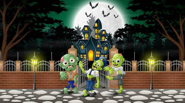 Γελοιογραφία ζόμπι ομάδα την ημέρα Απόκριες στοιχειωμένο σπίτι φόντο - Διάνυσμα, εικόνα