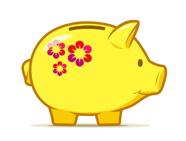 カラフルな花のデザインでかわいい黄色な貯金。素敵な豚という形で分離された金コンテナーの図面. - 写真・画像
