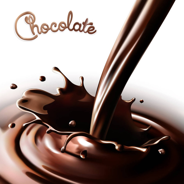 Realistic splash flowing chocolate or cocoa on a white background. Isolated vector design elements - Vettoriali, immagini